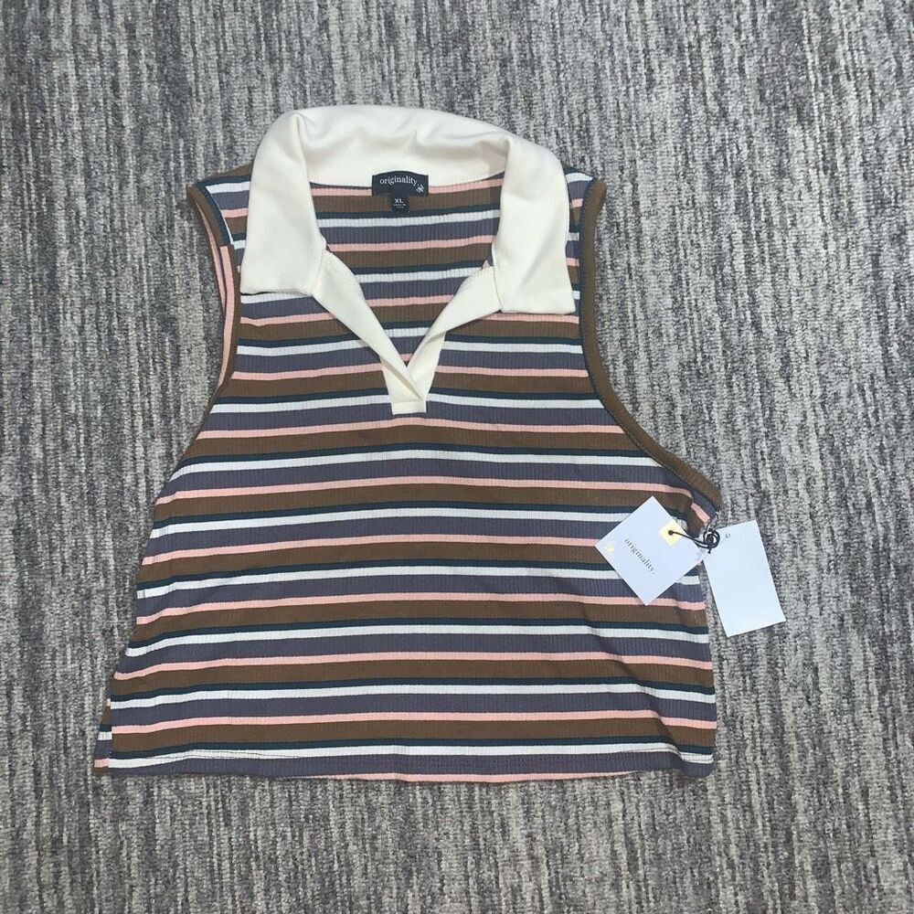 Originality Womens XL Sleeveless Top Brown Multicolor Stripe Stretch 90s USA NEW